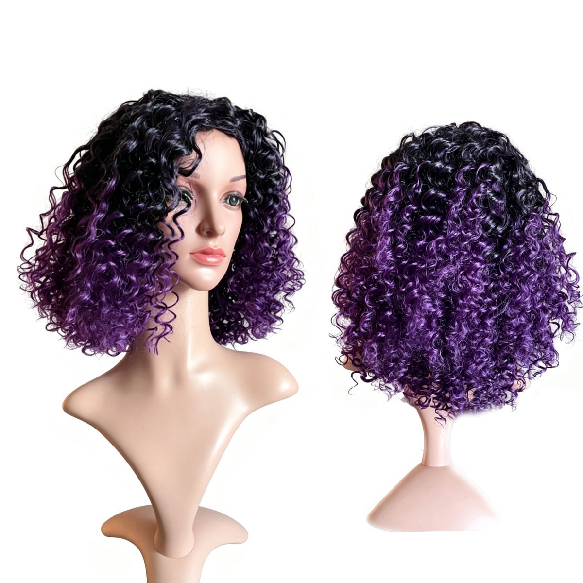 Afro Curly Wig For Black Women Black to Purple Ombre Fluffy Deep Wave Bob Wig