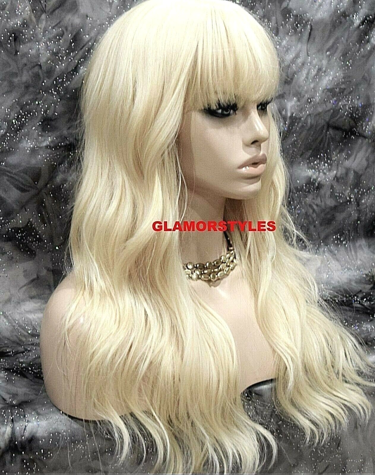 FULL WIG LONG LAYERED WAVY WITH BANGS BLEACH BLONDE #613 HEAT OK NWT