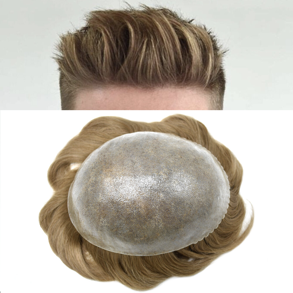 Full Poly Skin Mens Toupee 0.08mm PU Human Hair System Replacement Wig for Men