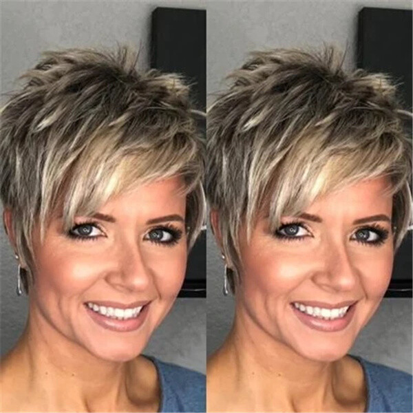 Women Pixie Cut Wigs Ash Blonde Mixed Gray Short Pixie Haitcuts Synthetic Wigs