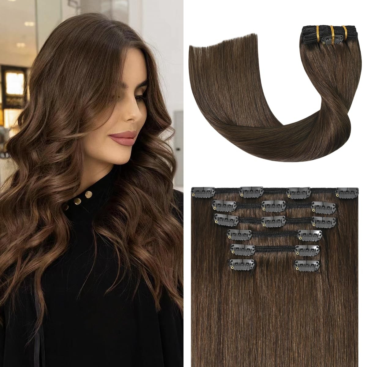 Medium Brown Clip in Hair Extensions Real Human Hair, 70g 7pcs 18inch,Soft & …