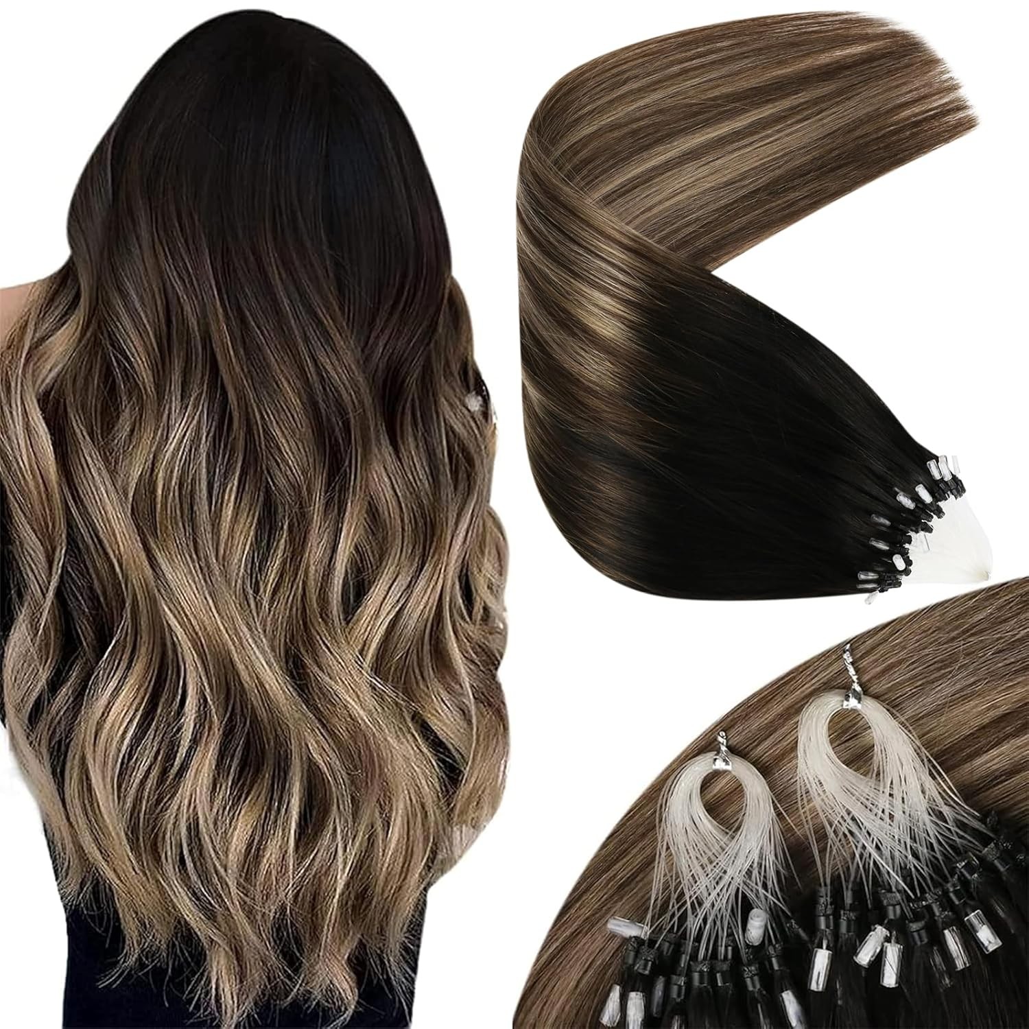 Sunny MICROLINK 14in Black / Brown Balayage Hair Extensions – ML_1B-4-18_14_50G3