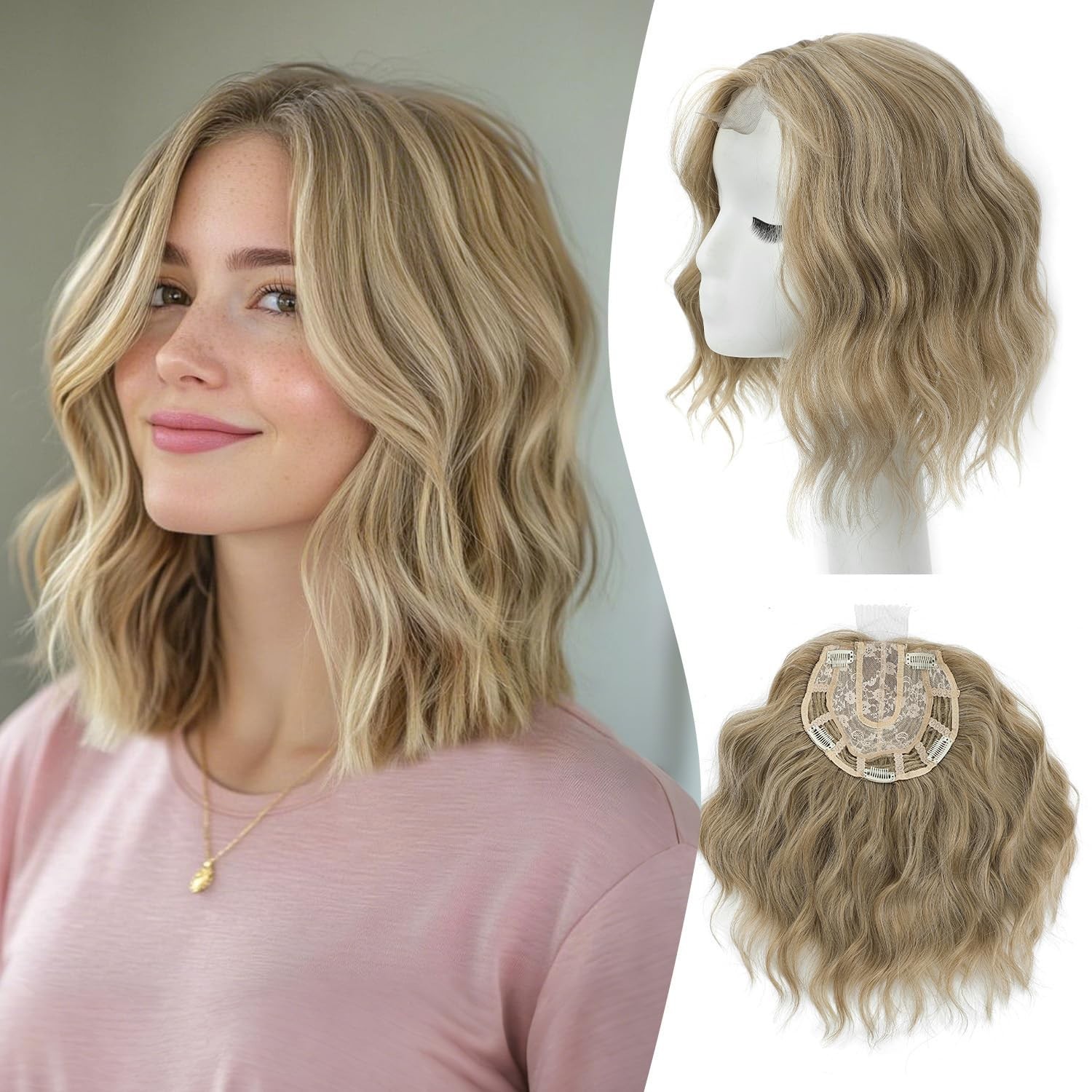 Ash Brown with Highlight Short Wavy 10in Women Premium Hair Topper