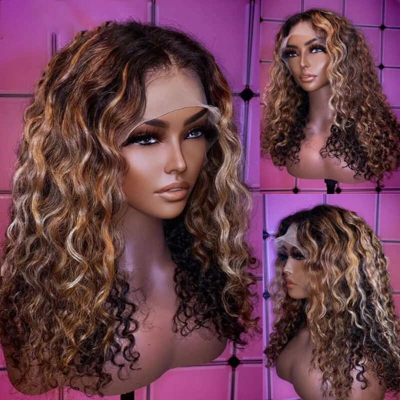 22 Inch Curly Wavy Brown Ombre Blonde Wigs Lace Front Human Hair Wig Baby Hair