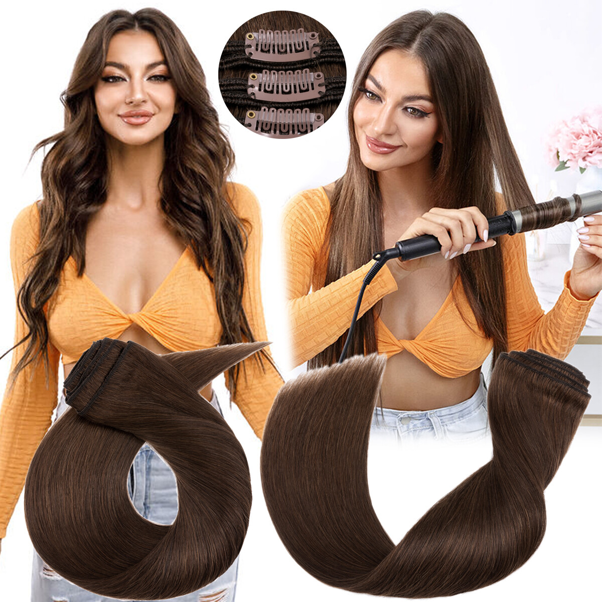 Body Wave Clip In Full Head Double Weft Remy Human Hair Extensions Thick Colored