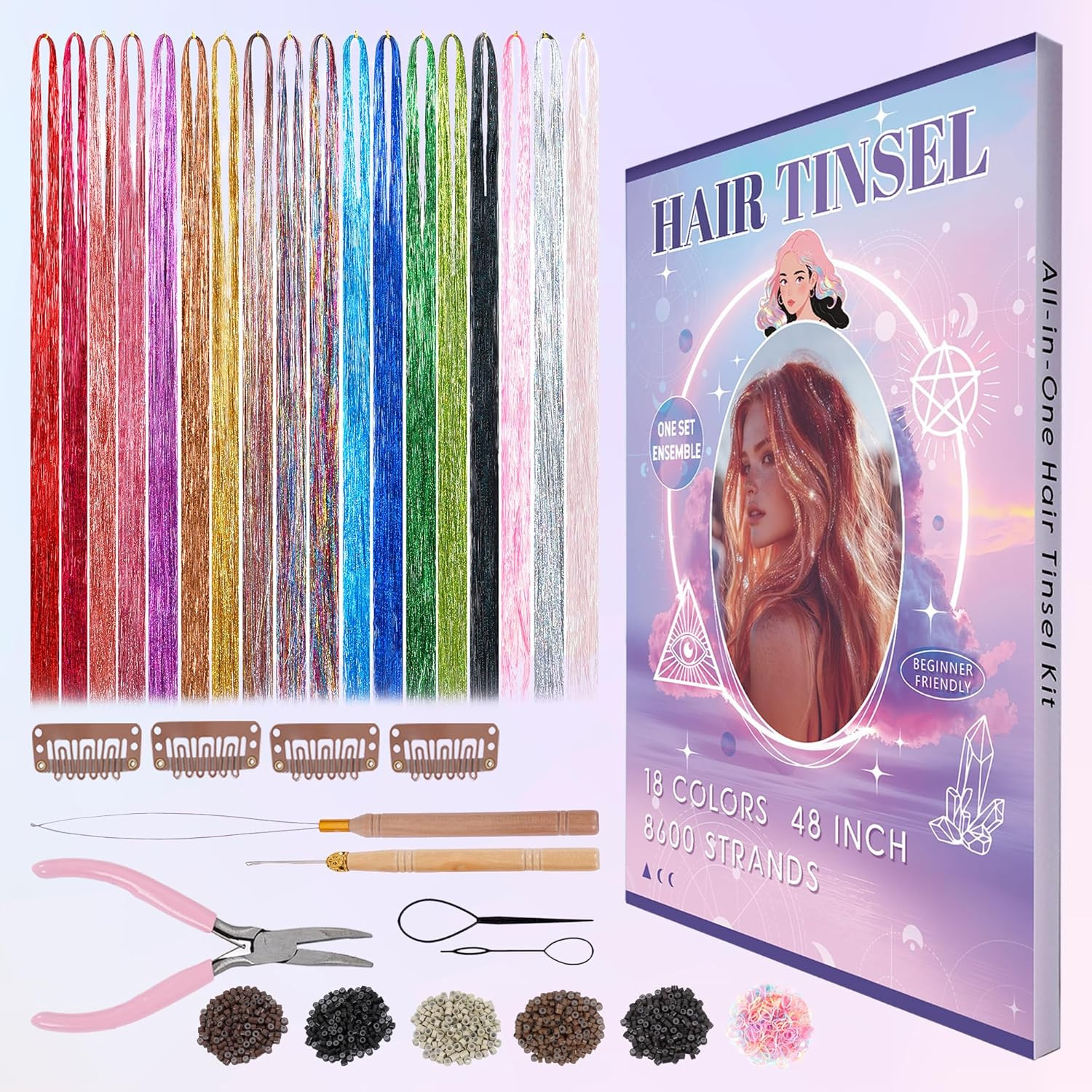 Hair Tinsel, 18 Colors Hair Tinsel Kit for Girls 8600 Strands Fairy Tinsel Hair