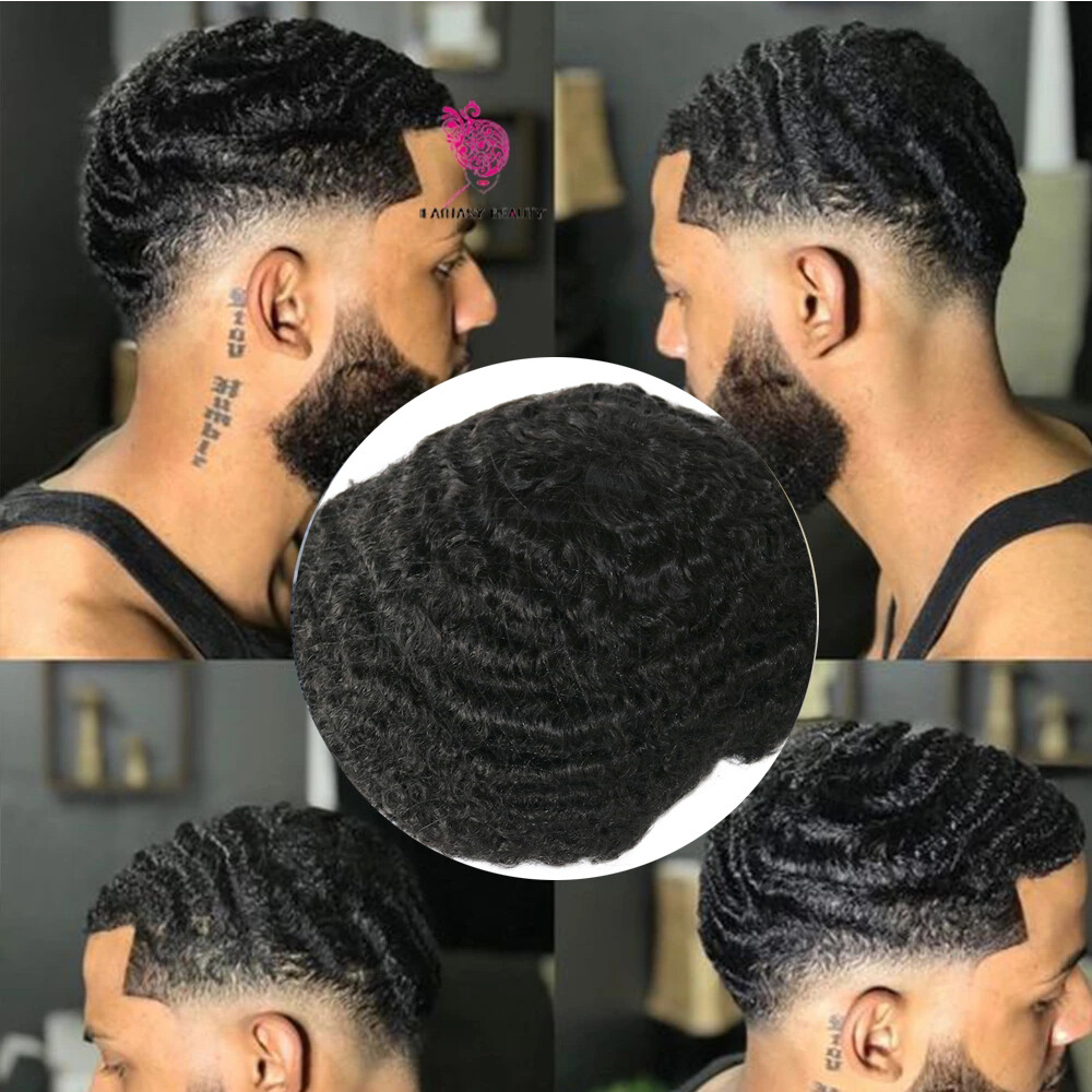 8mm Durable Skin Afro Curly Mens Toupee Black Man Weave Hair Replacement Wig