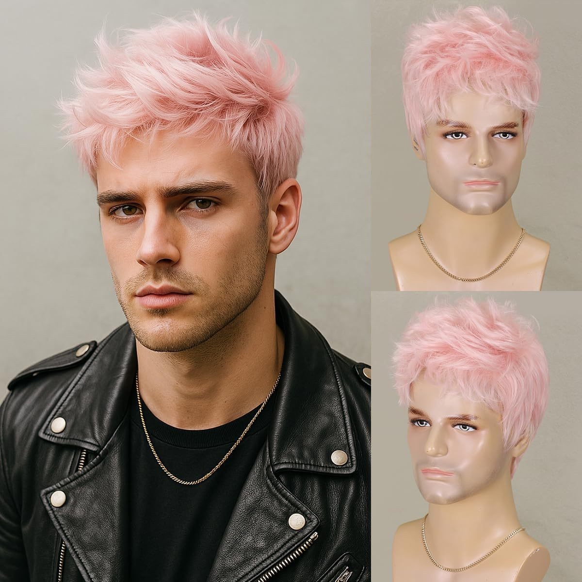 6 Inch Men’s Pink Wig Short Layered Heat Resistant Synthetic Hair Wig