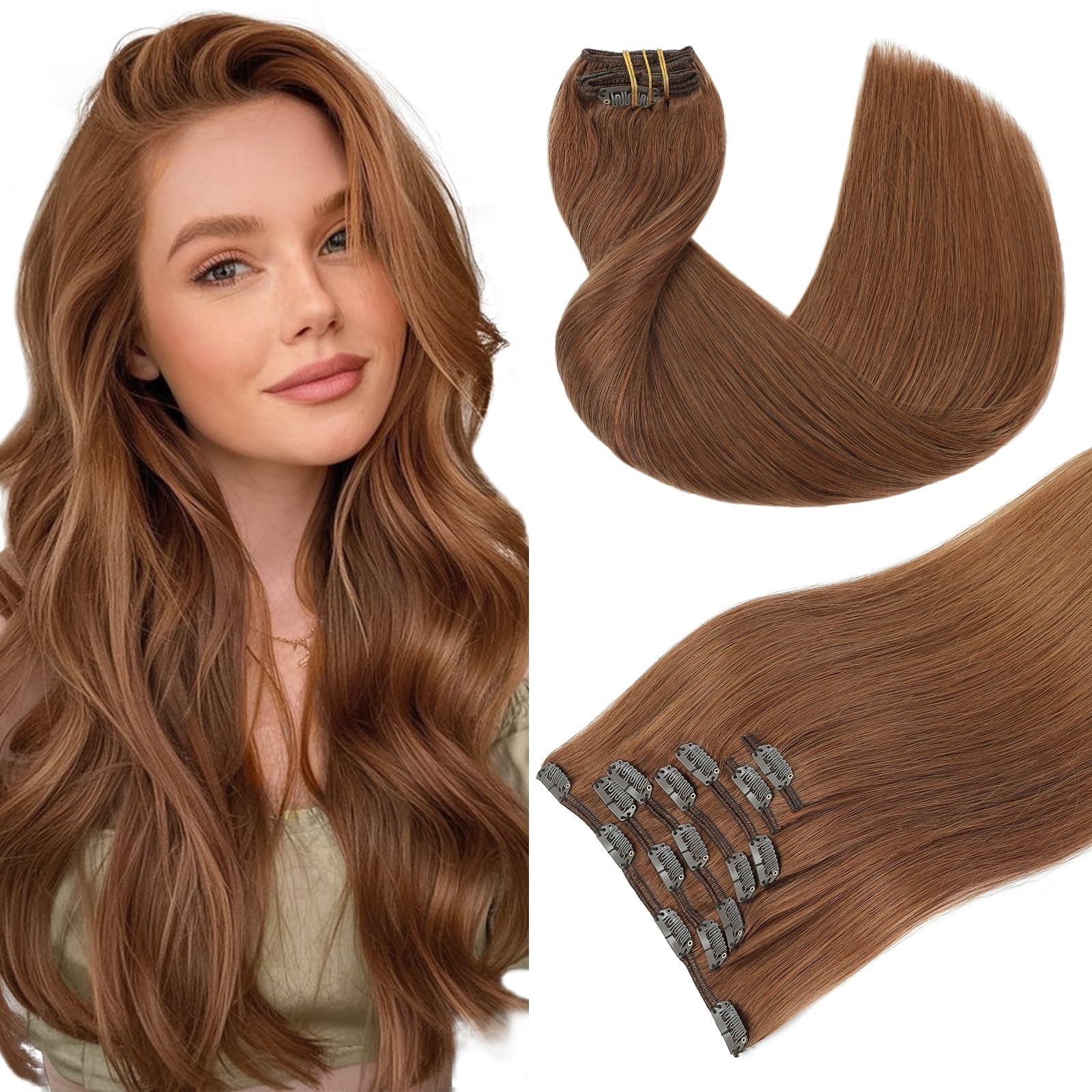 18″ Clip-In Real Human Hair Extensions, 120g, 7Pcs, Double Weft, Auburn Color 33