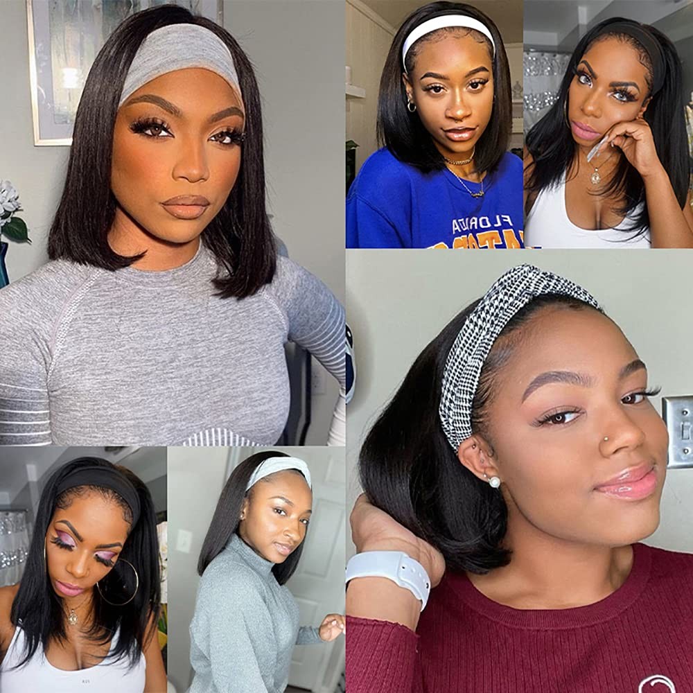 Short Bob Human Hair Wig for Women – Easy to Wear Half Wig with Free Headband…