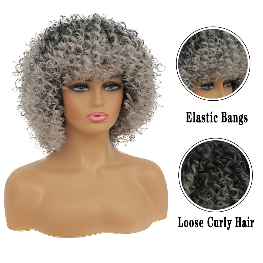 Short Grey Kinky Afro Wig for Black Women Synthetic Mixed Gray Wigs with Bang…