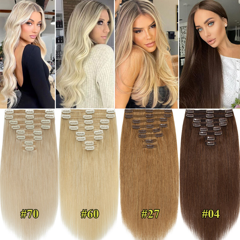 EXTRA THICK Double Weft Clip In 100% Human Hair Extensions Full Head 140g BLONDE
