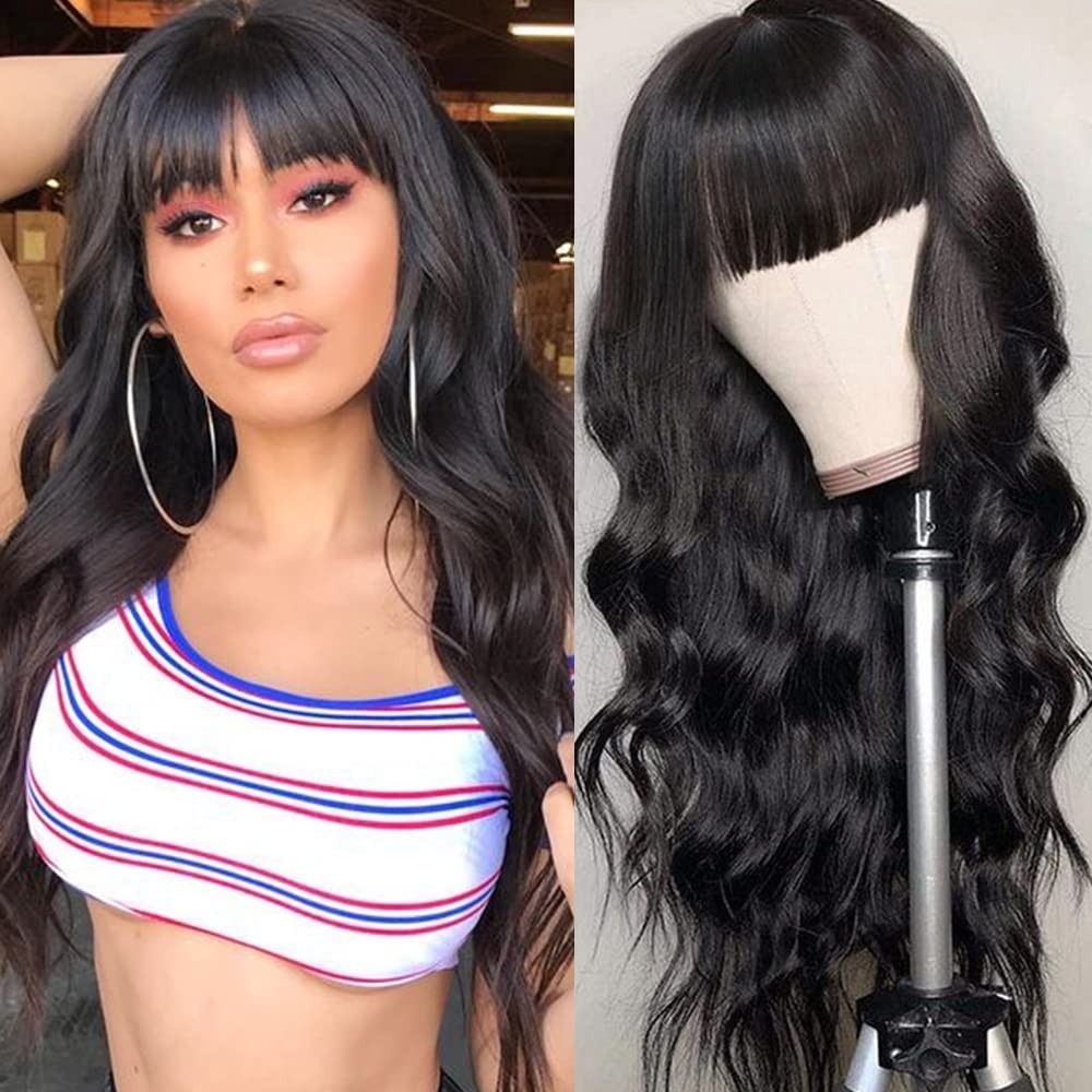 Body Wave Wig with Bangs Human Hair Wig for Women Machine Made No Lace Front wig