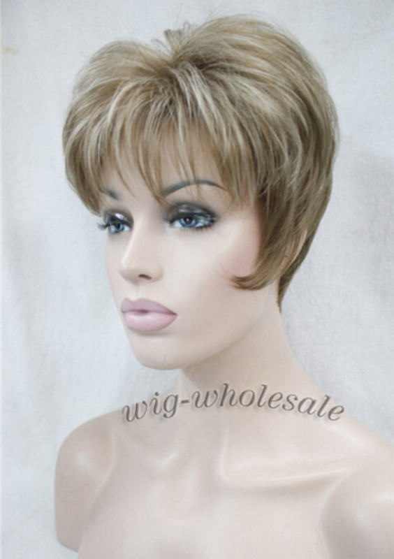 Women Short Wig Bob Pixie Brown Blonde Mix Natural Full Hair Wigs Daily