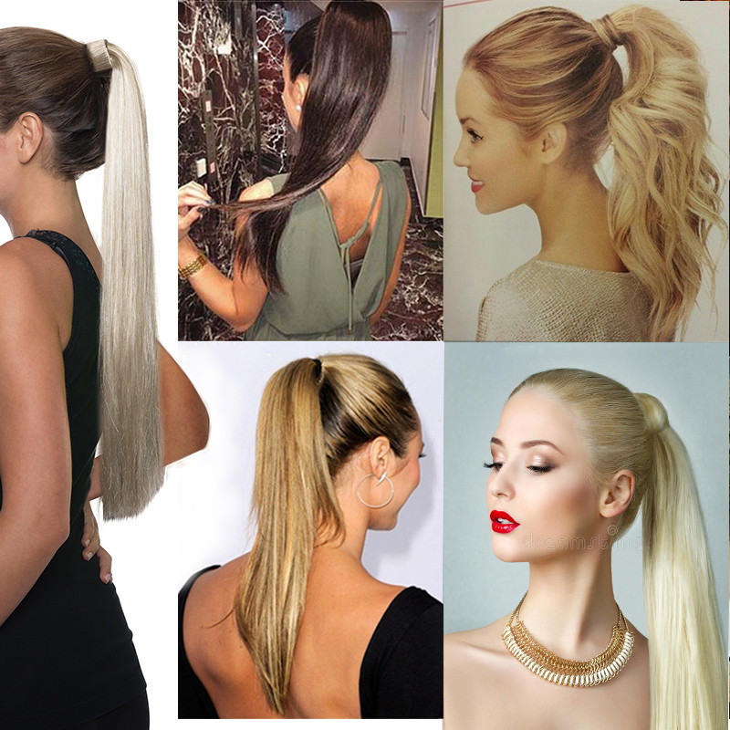 Hair ponytail Clip In as Real Human Hair Extensions Wrap Around Pony Tail US