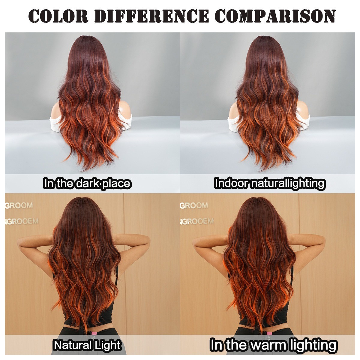 Full head wig with side-swept bangs colorful flame orange highlights and long