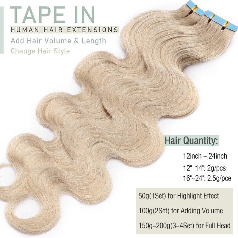 Body Wave Thick Tape In Skin Weft 100% Remy Human Hair Extensions Full Head 150g