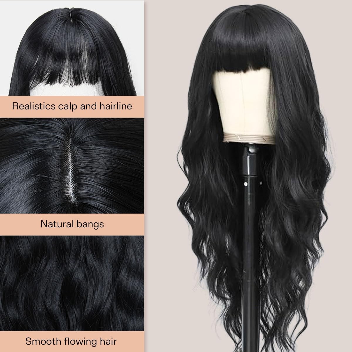 Black Wig with Bangs 26 Inch Long Curly Wavy Wigs for Women Begineer-Friendly…