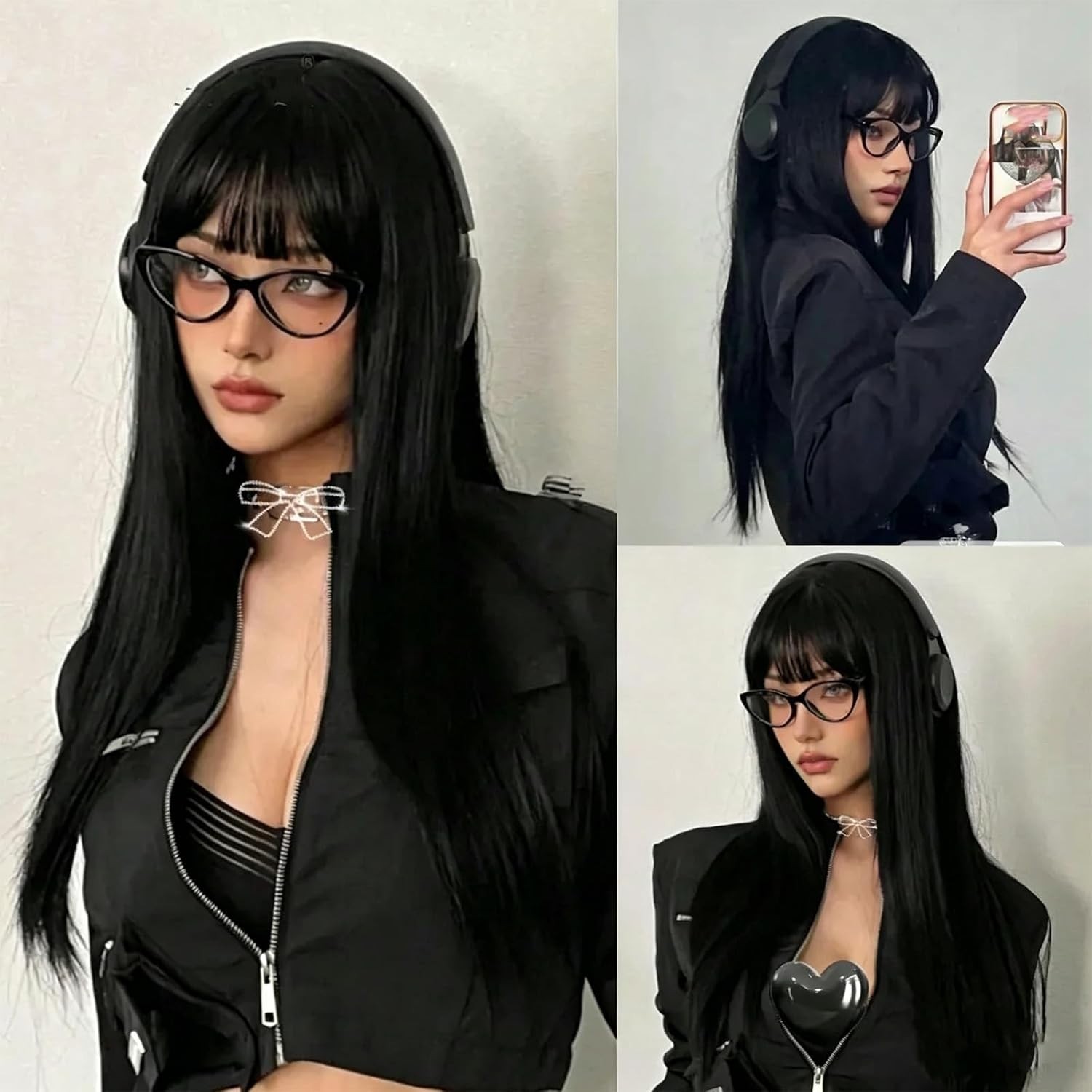 Wig with Bangs for Women, Brown Blonde Highlight Synthetic Wig, Medium Length