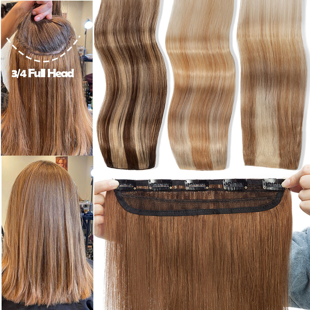 Thick 100% Real Remy Human Hair Extensions One Piece Clip In 3/4 Full Head Weft