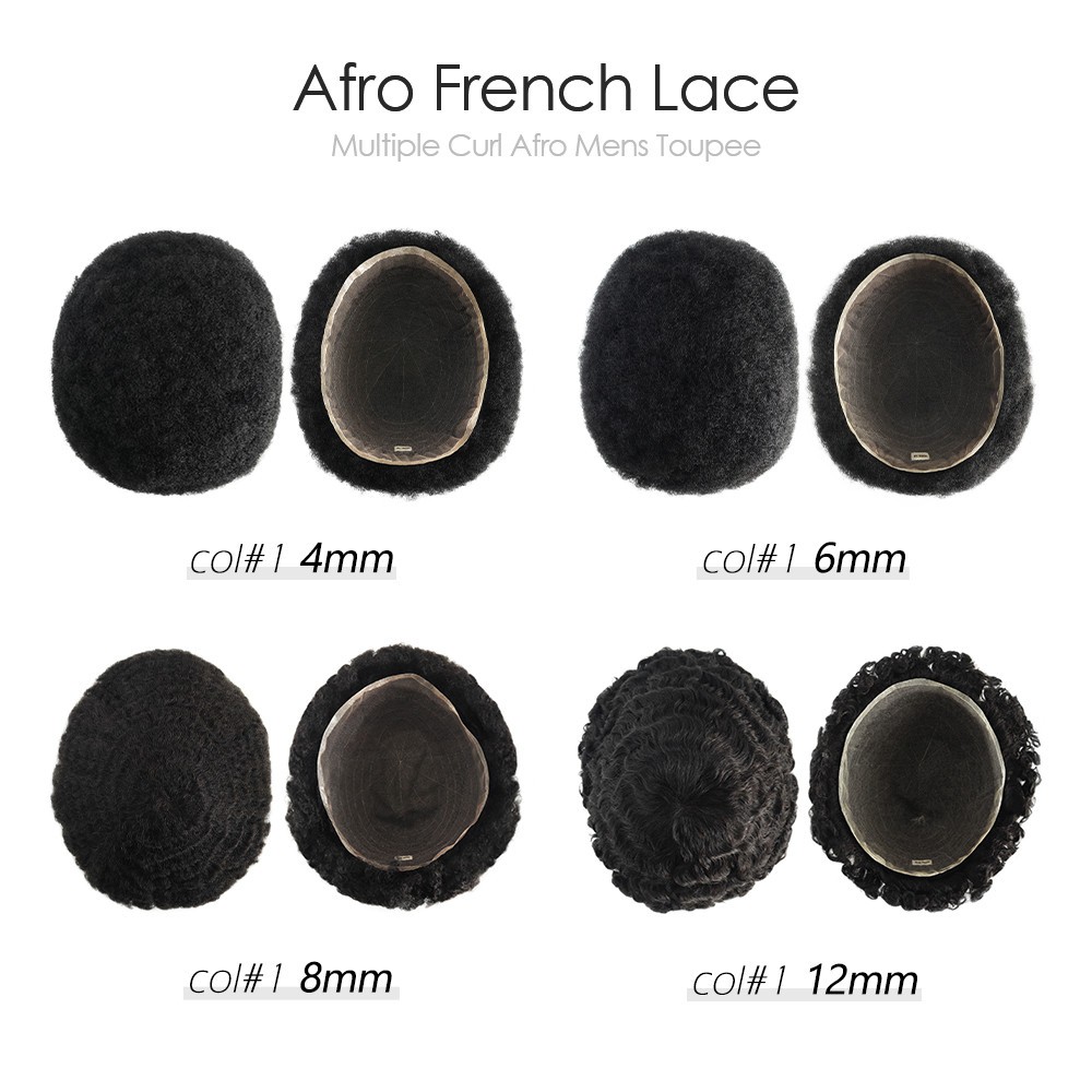 Mens Human Hair System Afro Curl Poly Skin Toupee Curly Black Hair Pieces