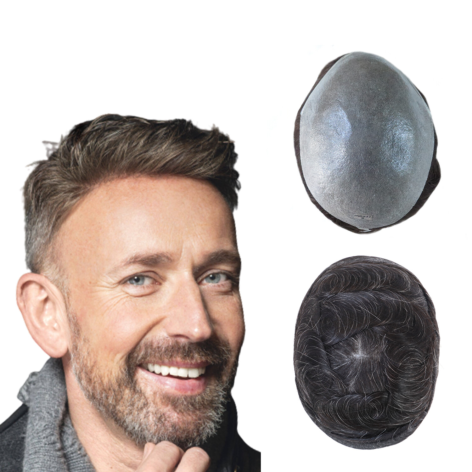Mens Super Thin Skin V-loop Natural Human Hair Replacement System Toupee #1B10