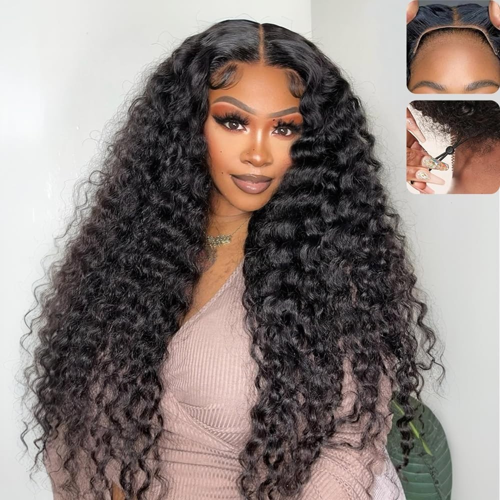 Glueless Human Hair Lace Front Wig 26″ Deep Wave, 210% Density, Pre Plucked, No