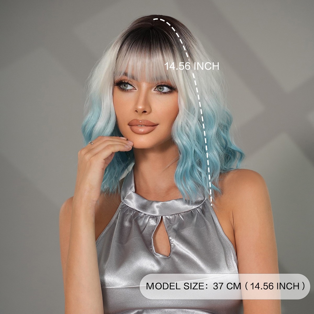 Ombre Blue Wavy Wigs With Bangs Short Bob Wavy Wigs for Women Girls Cosplay Part