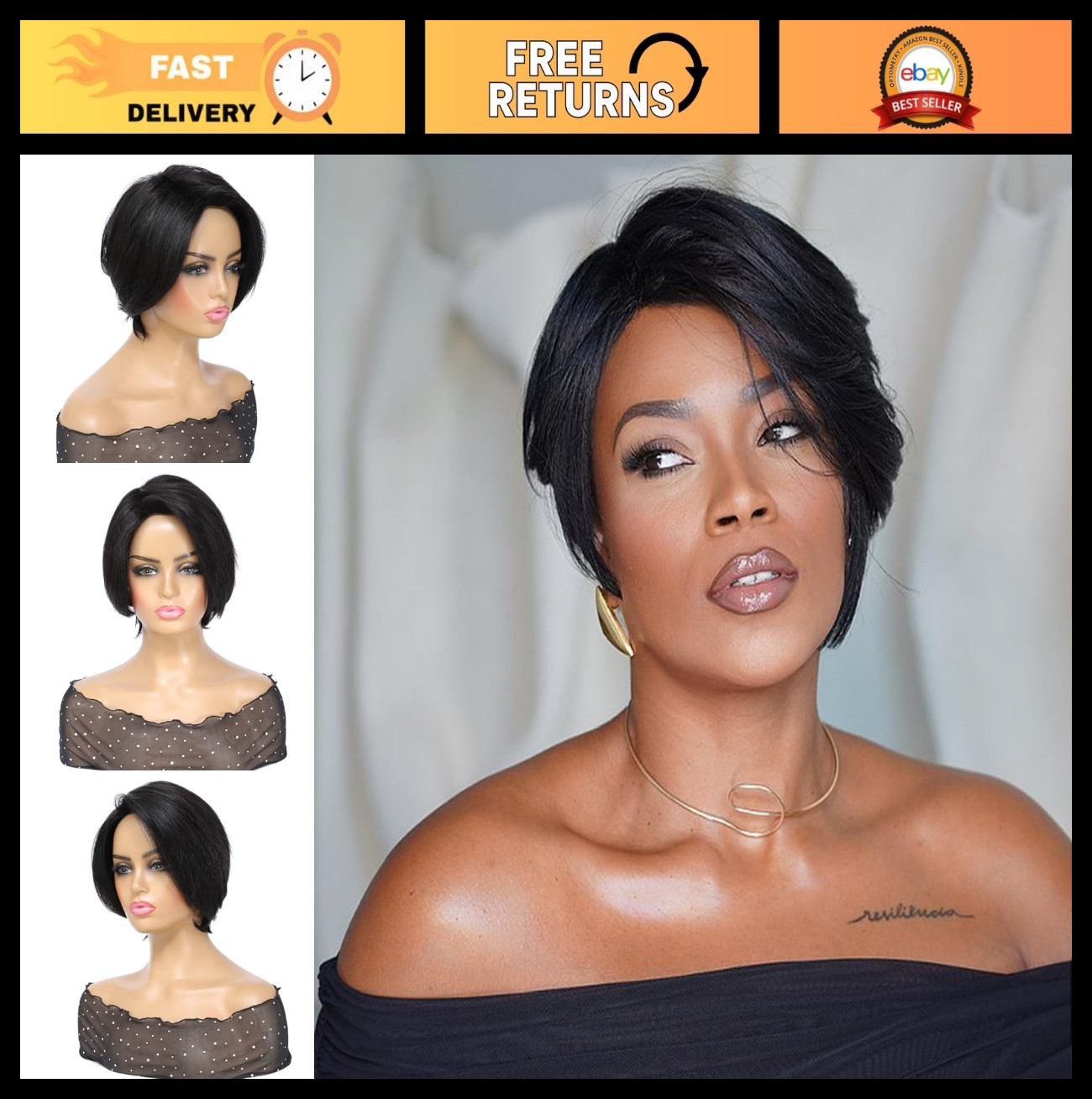 8″ Short Pixie Cut Human Hair Wig for Women, Glueless Straight, Easy Wear, Low M