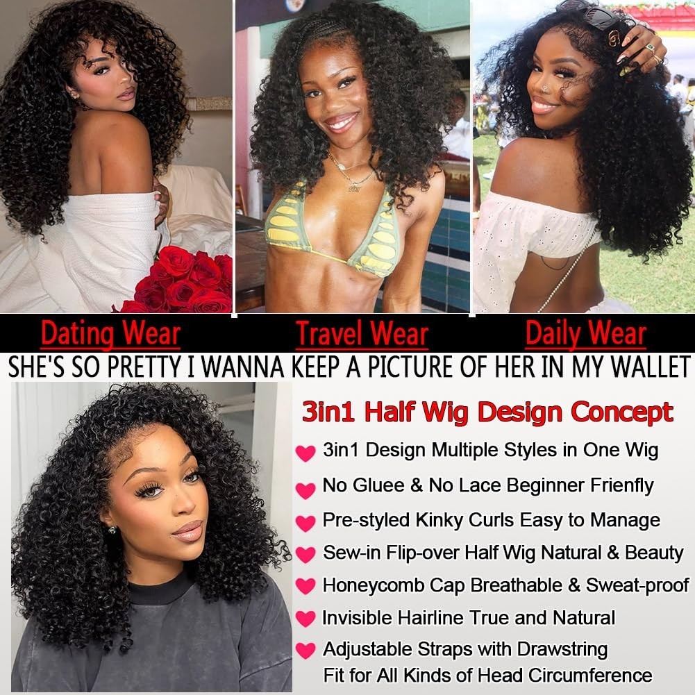 200 Density Kinky Curly Half Wig – 3 in 1 Glueless Flip Over Wig, 20 Inch, Draws