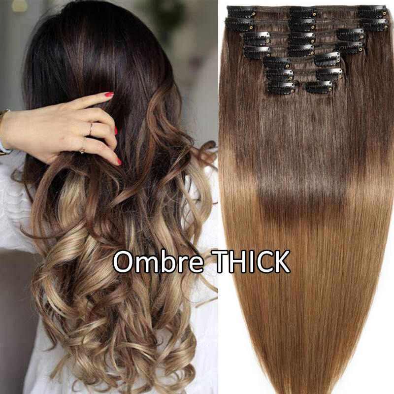 NEW DOUBLE WEFT Clip in Remy Human Hair Extensions Real Thick Full Head Balayage
