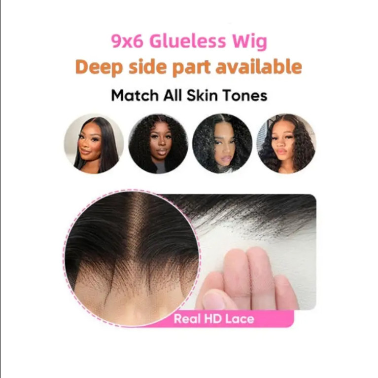 Wholesale Pre Cut 9×6 Lace Wavy Layer Cut Non Glue Wig With Curtain Bangs Black