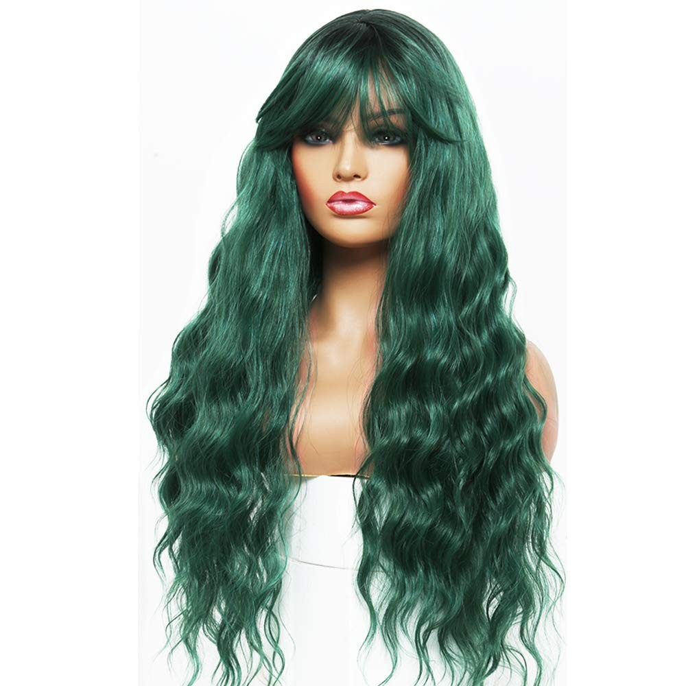 Green Wig with Bangs Blue Color Wig Wet and Wavy Long Loose Curly Wave Synthe…