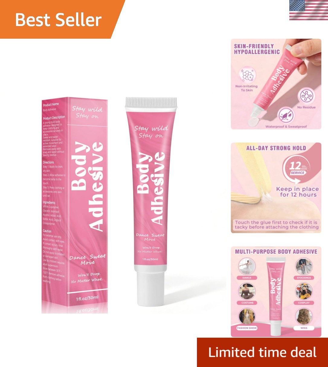 Body Adhesive Glue for Clothes & Skin, Body Glue, Sweat Resistant, Water Wash…