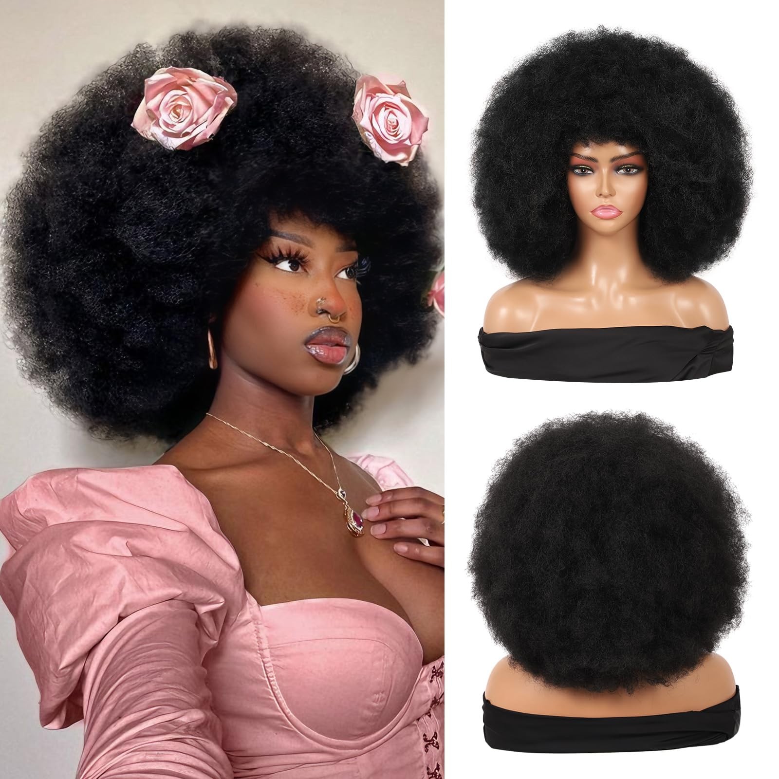 Kalyss Kinky Curly Afro Wig with Bangs 70s 1 Count (Pack of 1), Black