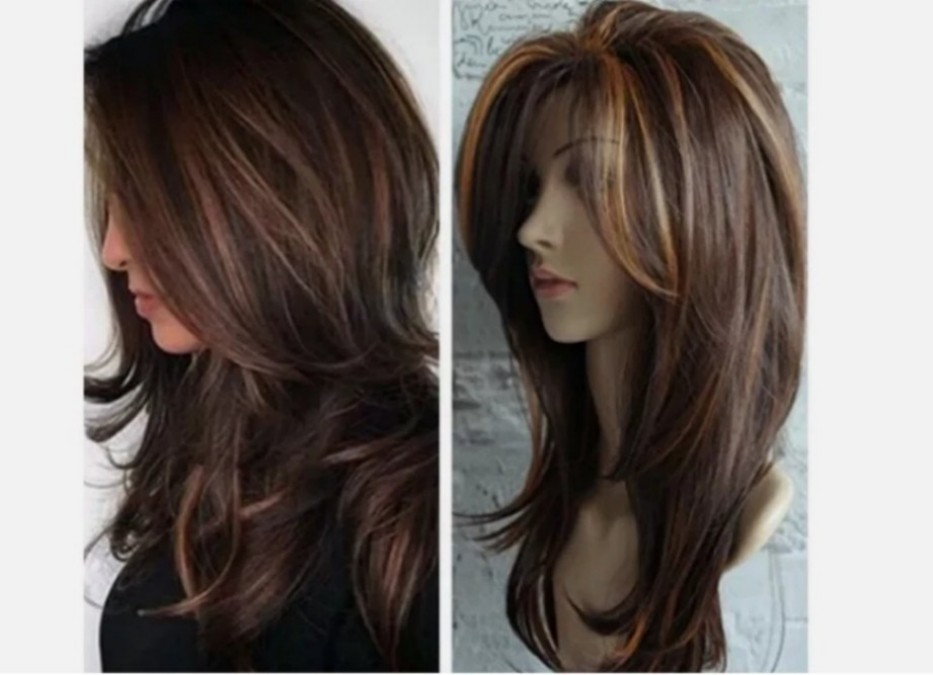 Women Dark Brown w/Gold Highlight Ombre Shoulder Length Curly Hair Wig-&##