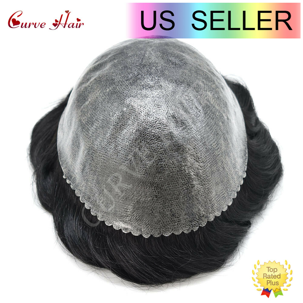 Mens Toupee Human Hairpiece Full Poly Thin Skin Hair Replacement System Wig Unit
