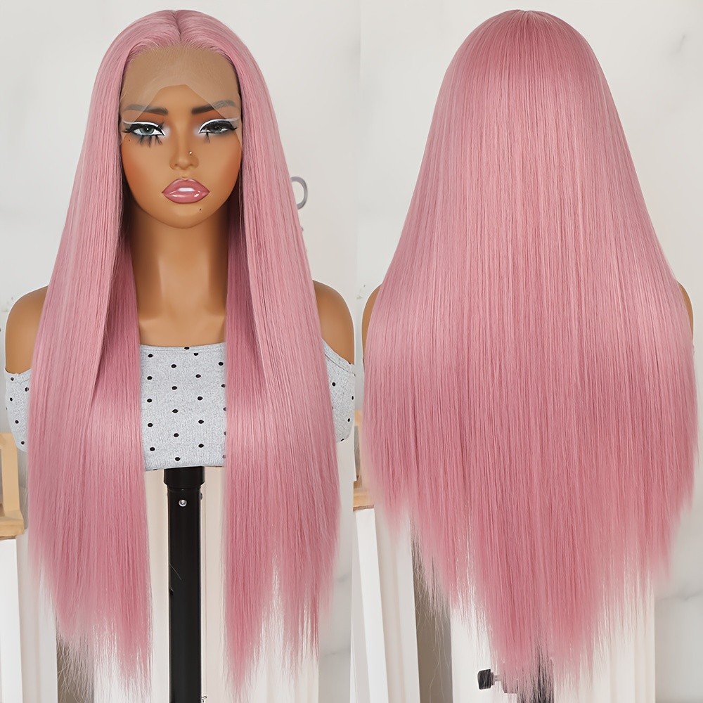 Pink Lace Front Wig Long Silky Straight Hair Glueless HD Lace Replacement Wigs