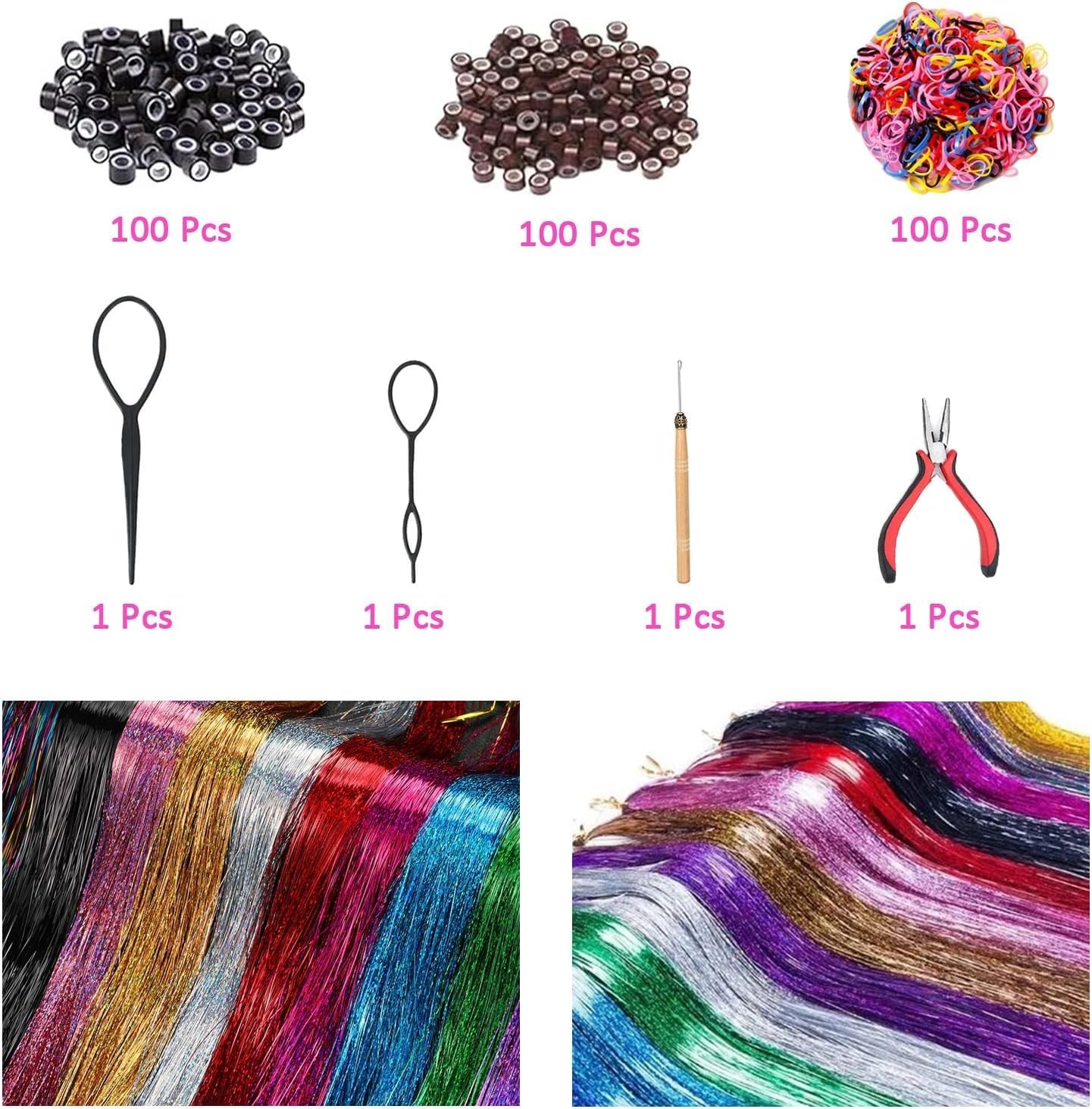 Hair Tinsel Kit with Tools, 16 Colors 3200 Strands 48 Inch, Multicolor