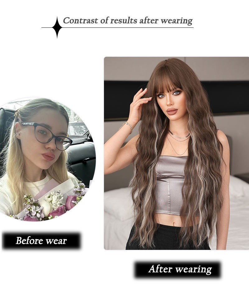 36-inch ultra-long wavy hair with fringe brown highlighted and gray heat-resist