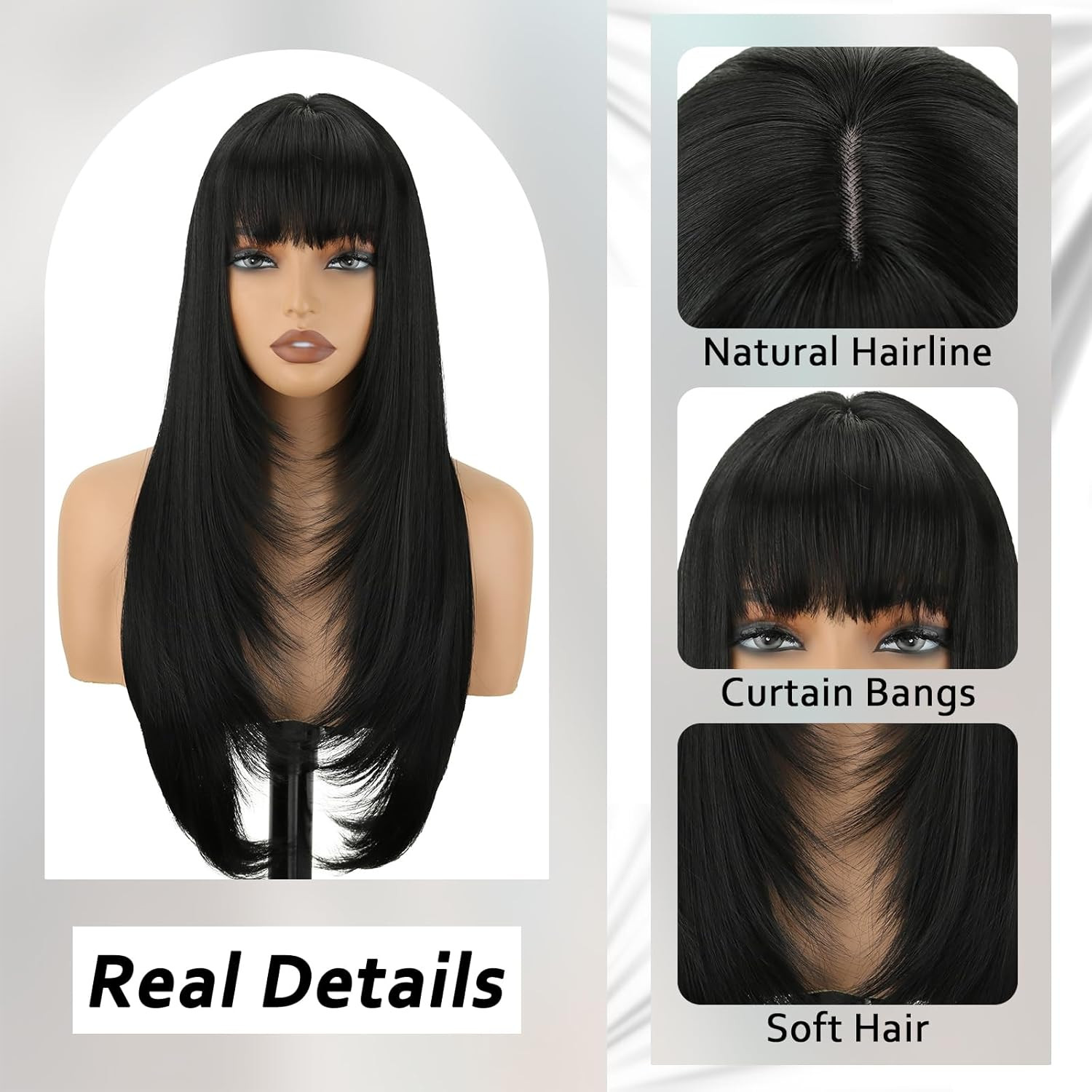 Black Long Straight Layered Wig with Bangs for Women 26 inch Put on Go Realistic