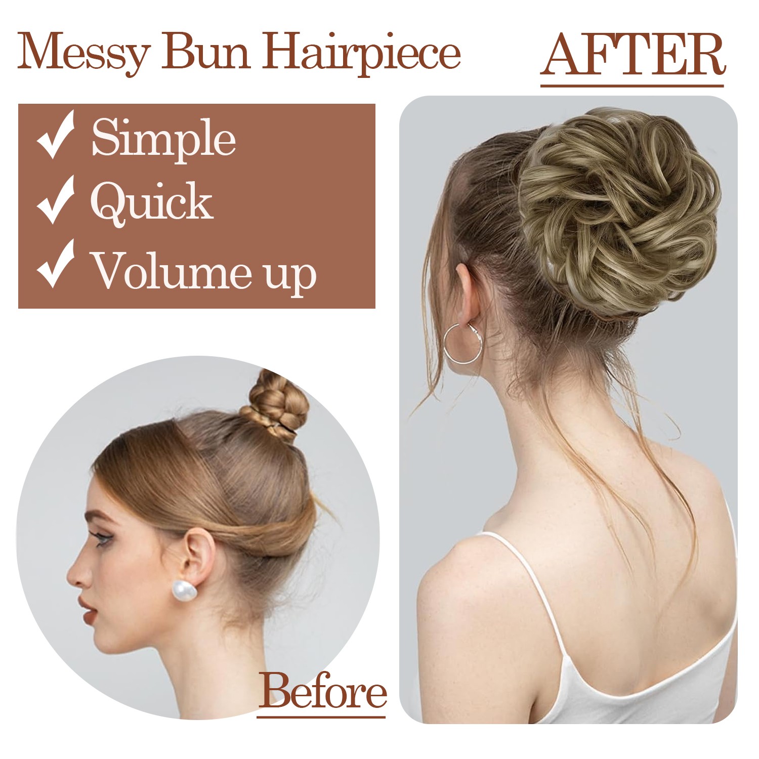 Real Natural Curly Messy Bun Hair Piece Scrunchie Hair Extensions as Human Brown