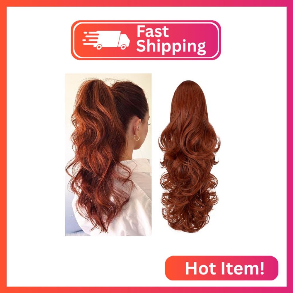 FELENDY Ponytail Extension Claw 18″ Copper Red Curly Wavy Clip in Hairpiece One