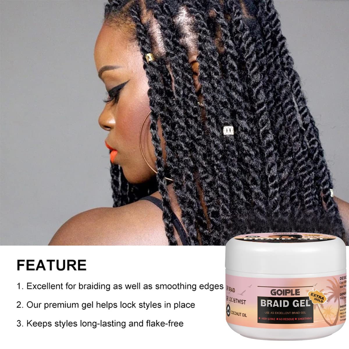Braid Gel Good for Twist, Locs, Braids, Edge No Flake Extra Hold High Shine