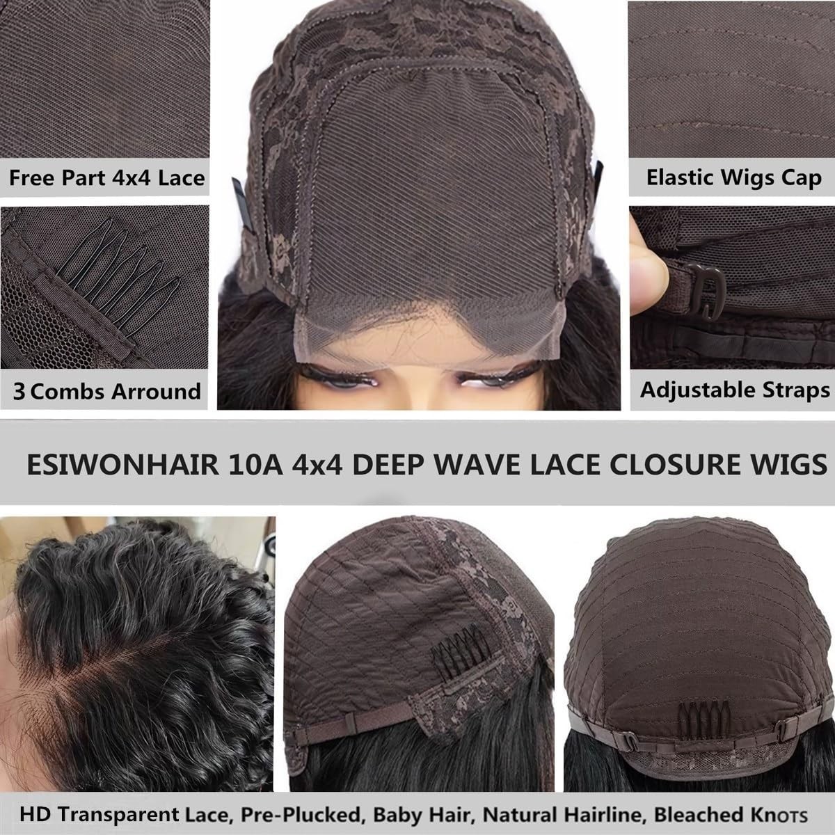 Deep Wave Lace Front Human Hair Wigs Glueless Curly HD 4×4 Lace Closure 24″