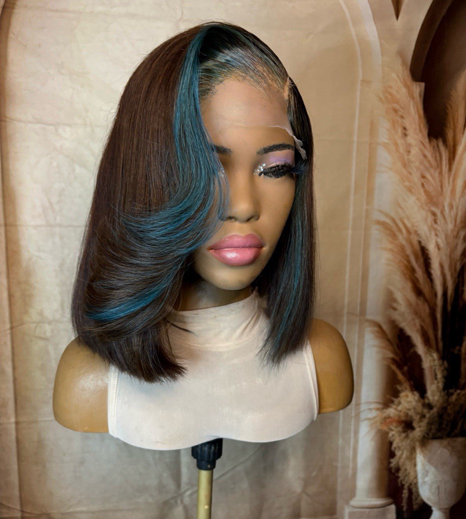 Women’s Straight Hair Wig Dark Brown with Blue Highlights Straight Texture