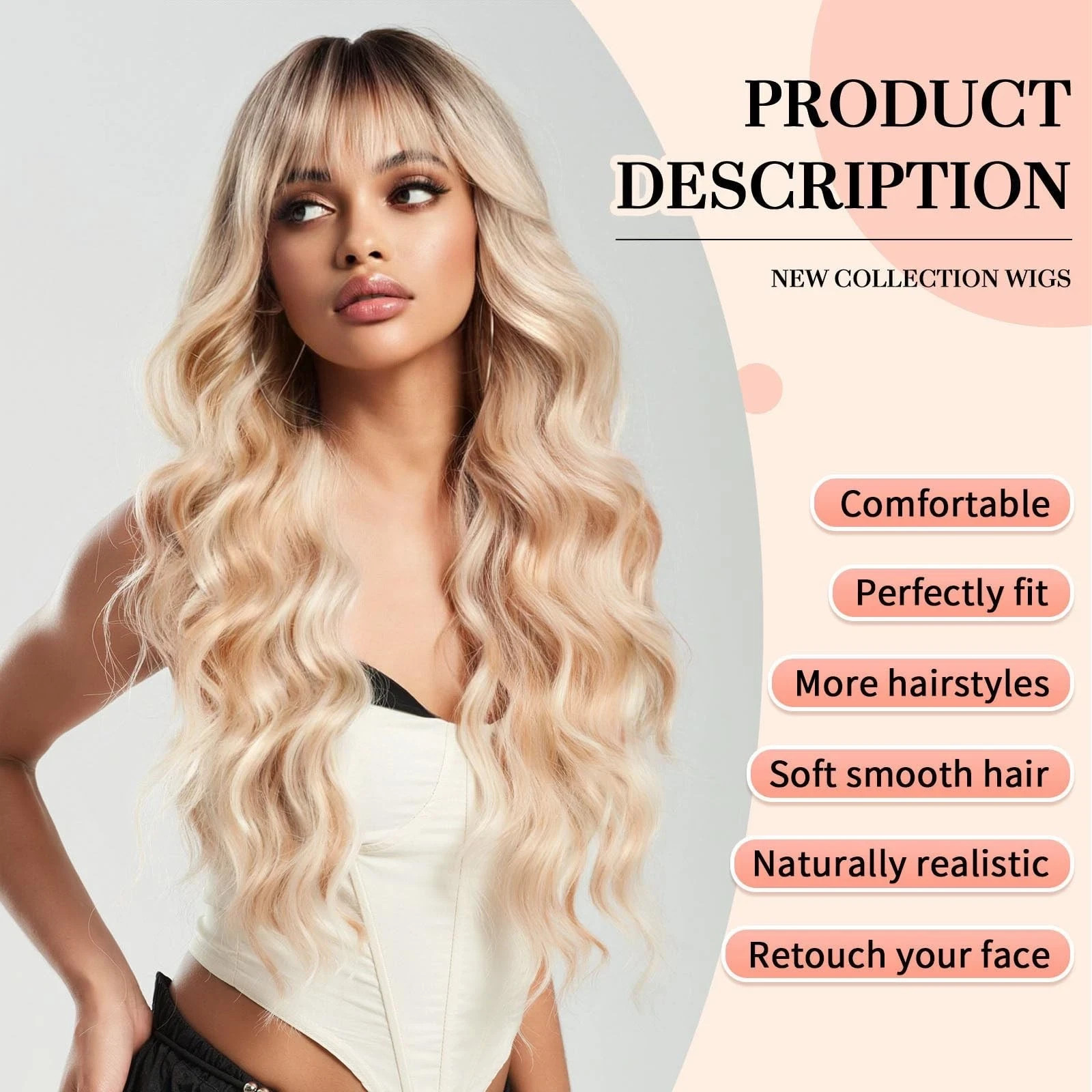 Ombre Blonde Wigs with Bangs,Long Curly Wig for Women,Blonde Long Wavy Wig Synth