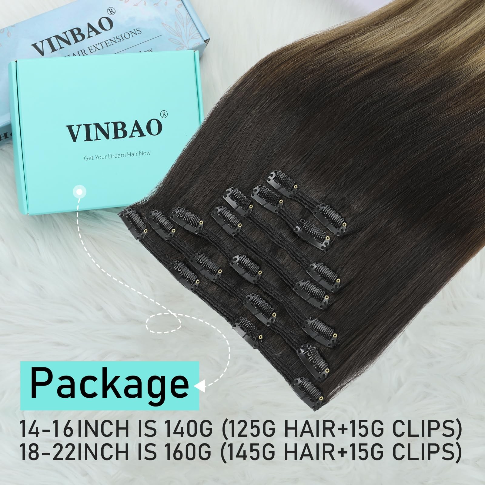 Vinbao Hair Extensions Clip In Human Hair Black Roots To Brown 140G 16 Inch