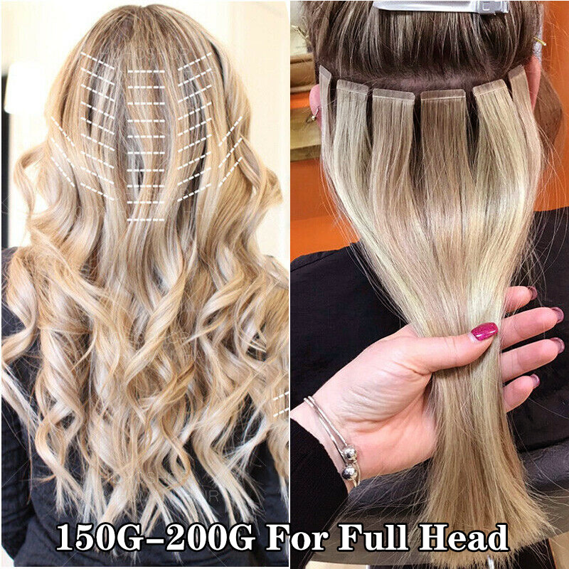 80PCS Full Head Thick Tape in Remy Human Hair Extensions Skin Weft Balayage Soft