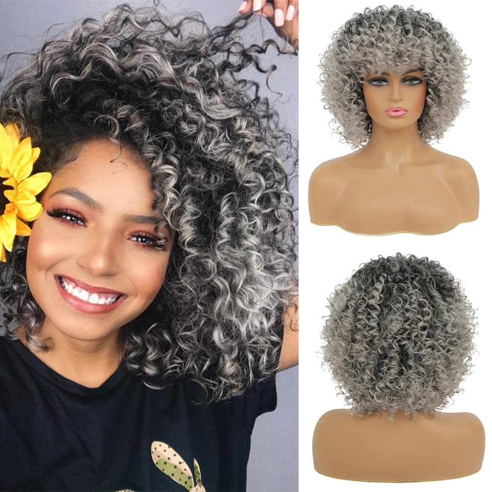 Short Grey Kinky Afro Wig for Black Women Synthetic Mixed Gray Wigs with Bang…